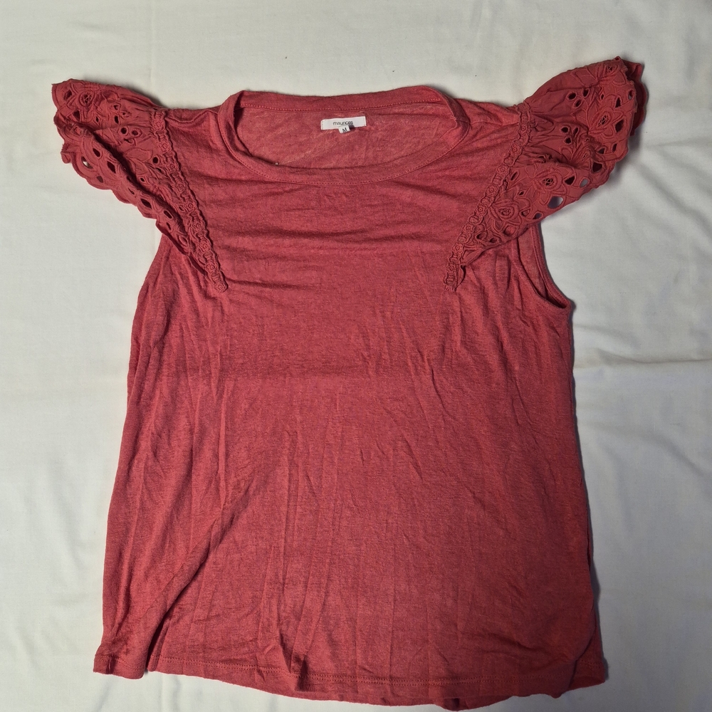 Maurices Womens Medium Rose‎ Pink Flutter Sleeve Eyelet Lace Trim Boho Top